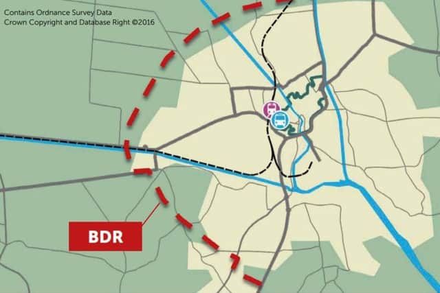 The current proposed route of the Boston Distributor Road, taken from the Boston Transport Strategy 2016-2036. ©Crown copyright 2017 Ordnance Survey. Media 020/17