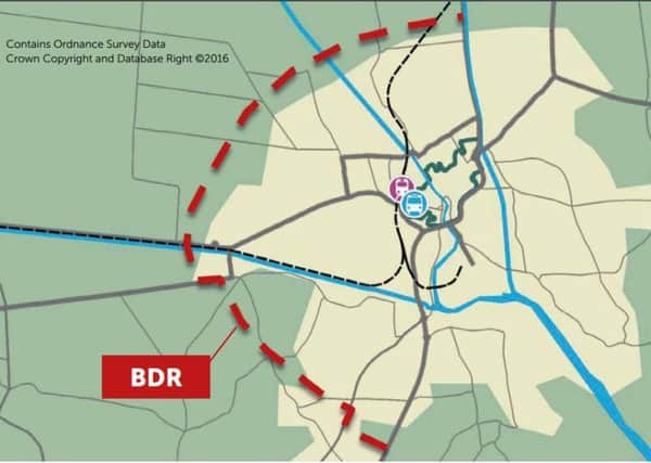 The current proposed route of the Boston Distributor Road, taken from the Boston Transport Strategy 2016-2036. Â©Crown copyright 2017 Ordnance Survey. Media 020/17