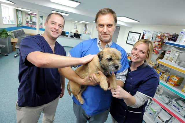 Jeremy Bodian (left), Paulo Pereira,and Claire Applewhite in reception at Eastfield Veterinary Hospital in North Thoresby.