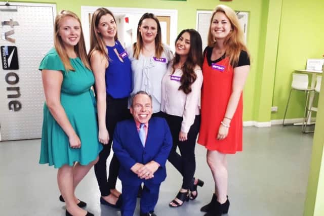 From left Daisy, Katie, Lucy, Hannah and Brittany with show host Warwick Davis. EMN-171113-135402001