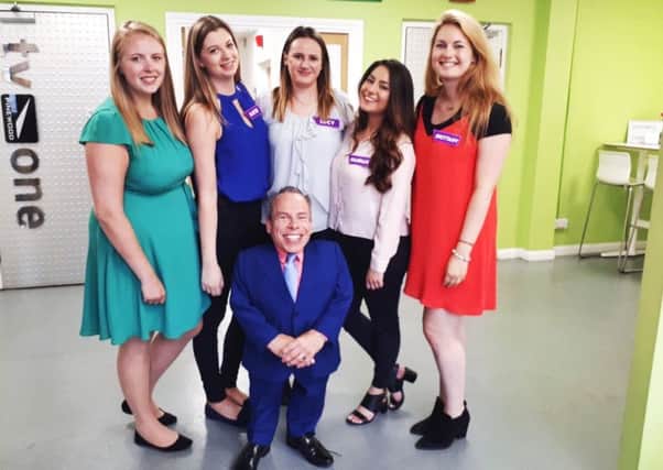 From left Daisy, Katie, Lucy, Hannah and Brittany with show host Warwick Davis. EMN-171113-135402001