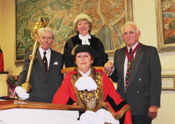 The Mayor of Louth, Coun Pauline Watson, with her husband Stuart (right), Mayor's Serjeant Glenn Darnell, and Town Clerk Linda Blankley.