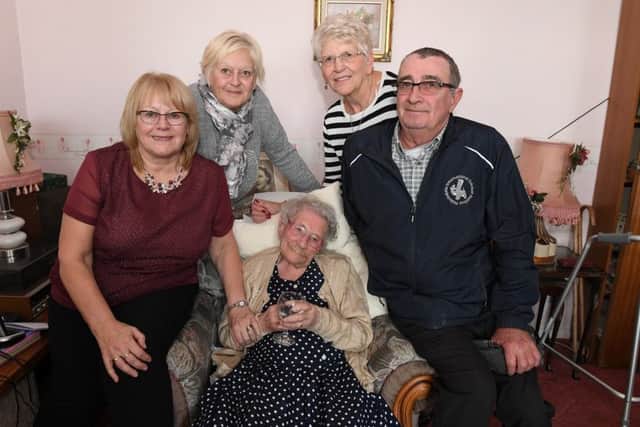 Ivy Relph of Sutton on Sea celebrating her 100th birthday. Pictured with her neices and nephews; Linda Buttress, Maureen Sherratt, Christine Davis and Paul Green.