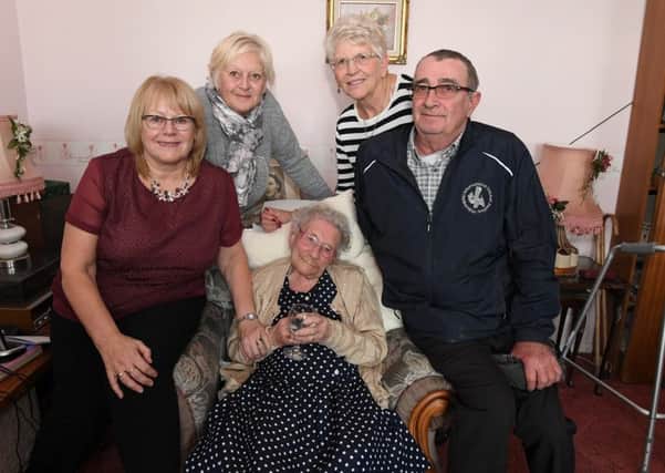 Ivy Relph of Sutton on Sea celebrating her 100th birthday. Pictured with her neices and nephews; Linda Buttress, Maureen Sherratt, Christine Davis and Paul Green.