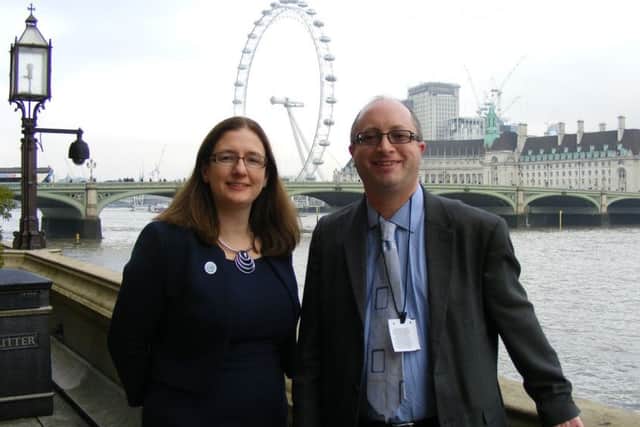 On the terrace overlooking the Thames at the Houses of Parliament. Caroline Johnson with Sleaford Standard News Editor Andy Hubbert. EMN-171121-111506001