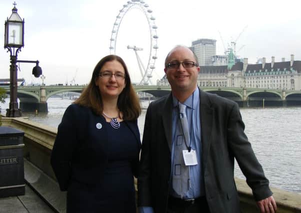 On the terrace overlooking the Thames at the Houses of Parliament. Caroline Johnson with Sleaford Standard News Editor Andy Hubbert. EMN-171121-111506001