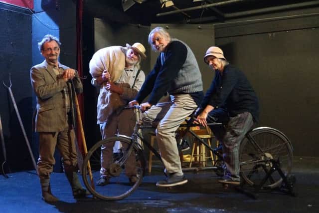 Ian Sharp and his partner Liz on an original tandem used in the communities, with fellow cast members Ian Rushby, left, and Chris Walshaw. The final cast member is Charlotte Broughton (not pictured) EMN-171127-143548001
