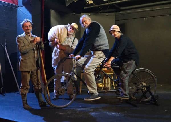 Ian Sharp and his partner Liz on an original tandem used in the communities, with fellow cast members Ian Rushby, left, and Chris Walshaw. The final cast member is Charlotte Broughton (not pictured) EMN-171127-143548001