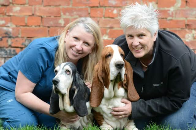 Eatfield Head Veterinary Nurse Alison Young with Bubbles and owner Debbie Ellrich with James.